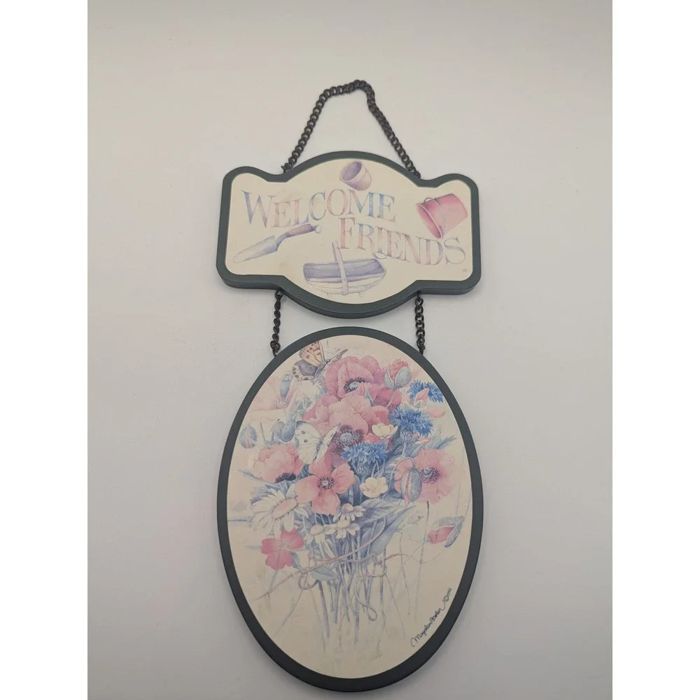 Marjolein Bastin Vintage Welcome Friends Hanging Wall Sign Floral Garden‎ 1999